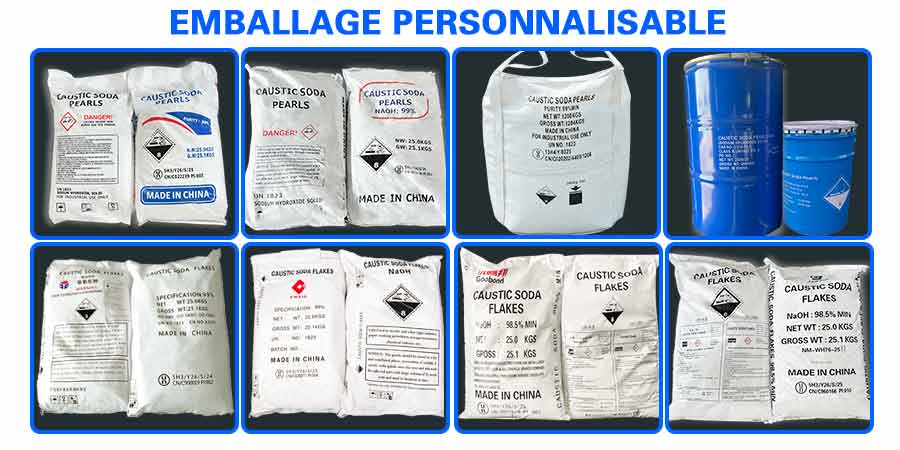 Emballage personnalisable de soude caustique perles et flocons, emballages en sacs, big-bags et f&ucirc;ts pour l'hydroxyde de sodium NaOH de qualit&eacute; industrielle