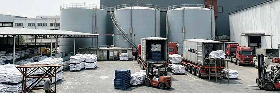 Usine de soude caustique en Chine, chargement et exp&eacute;dition de sacs d'hydroxyde de sodium en conteneurs