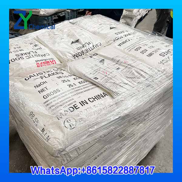 98.5% sodium hydroxide flakes, 25 kg bags, in stock.